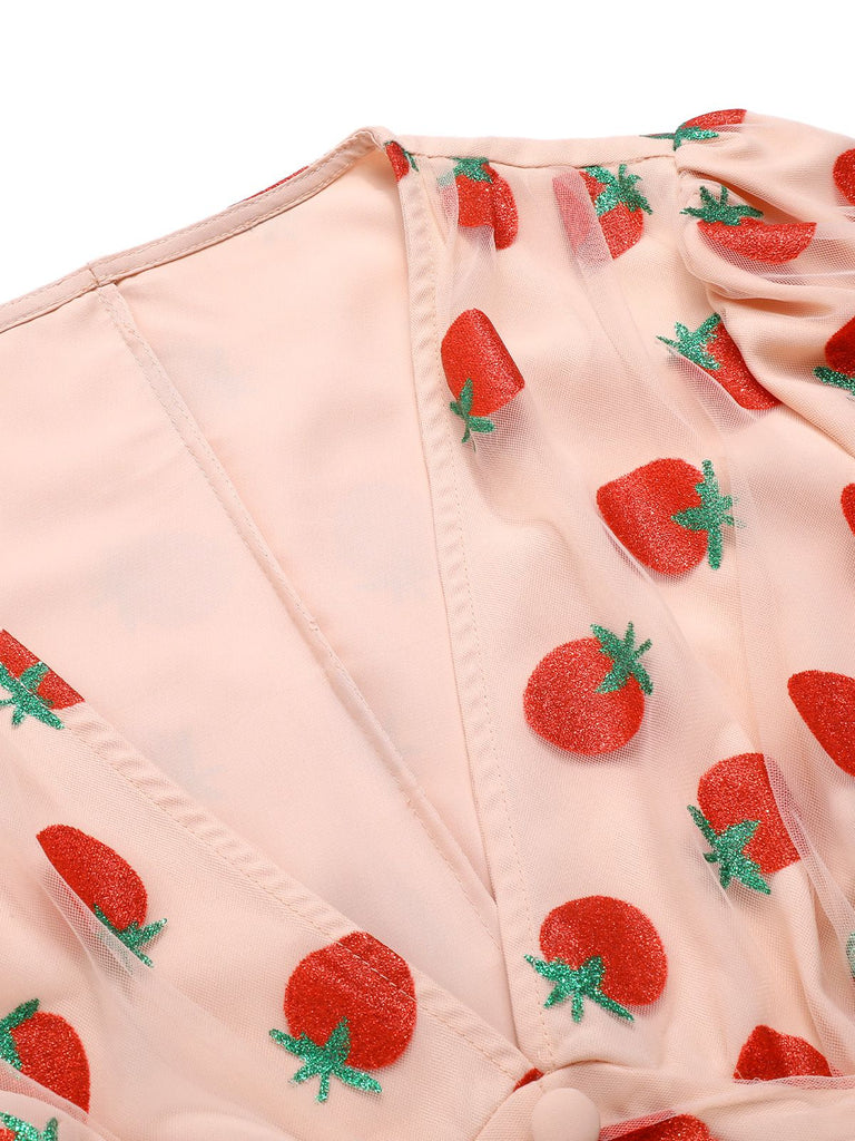 [Pre-Sale] Pink 1950s Strawberry Mesh V-Neck Top