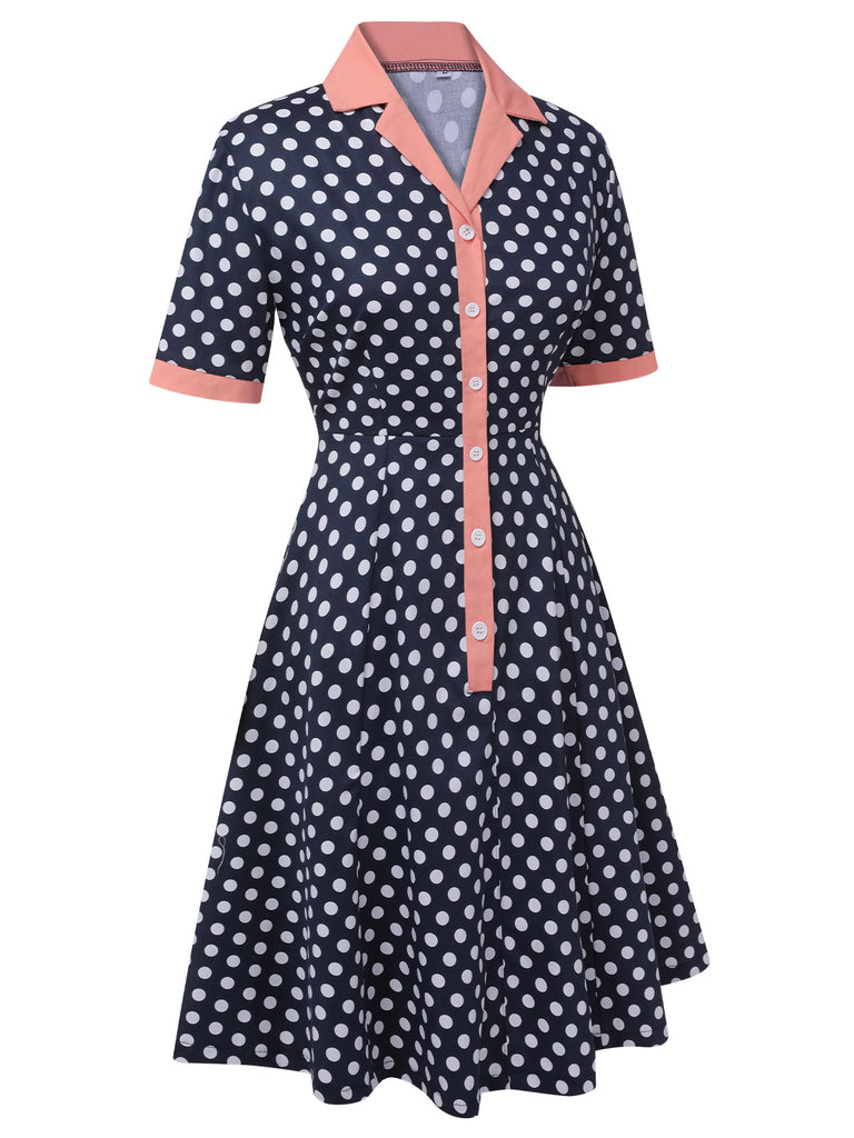 Dark Blue 1950s Polka Dot Lapel Dress