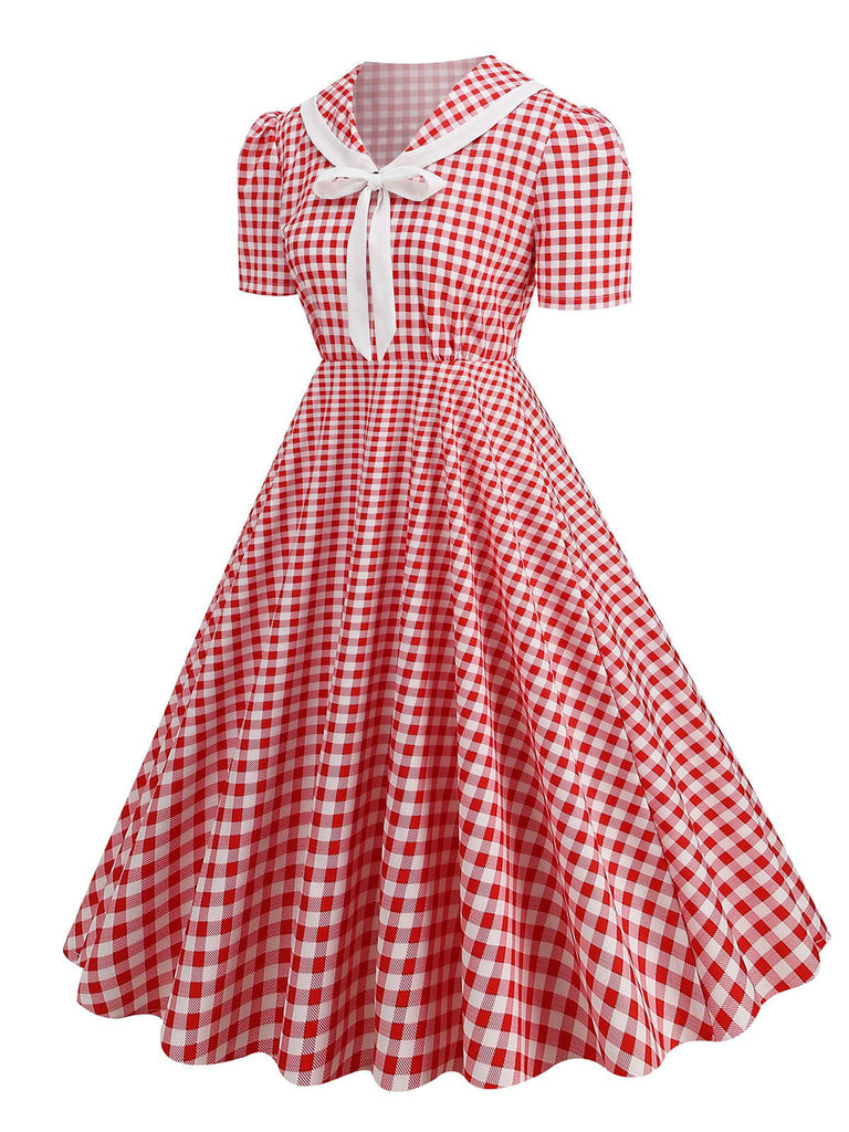 1950s Polka Dots Lapel Bowknot Swing Dress