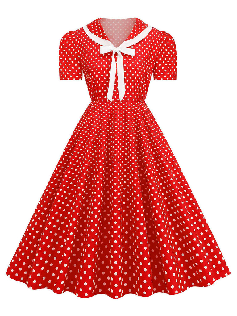 1950s Polka Dots Lapel Bowknot Swing Dress