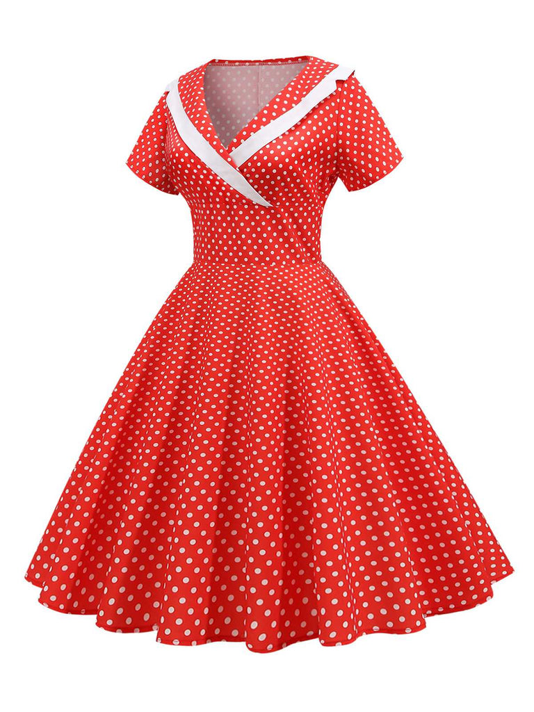 1950s V-Neck Polka Dots Swing Dress
