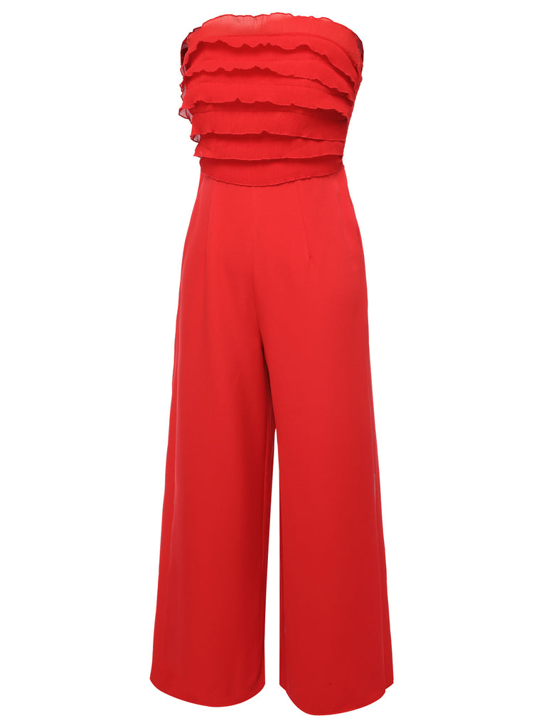 Red 1930s Solid Ruffles Tube Jumpsuit