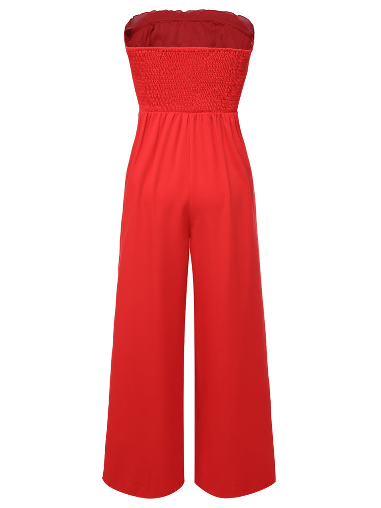 Red 1930s Solid Ruffles Tube Jumpsuit