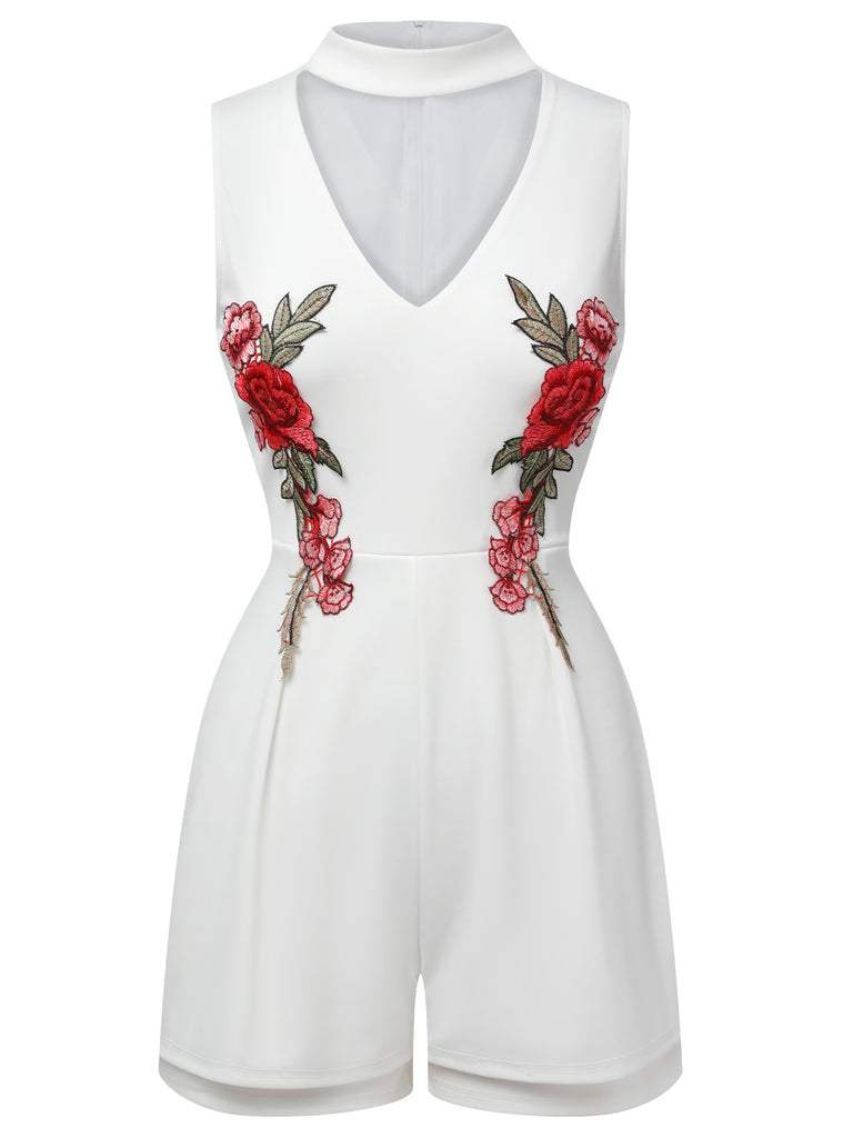 1950s Mock Neck Floral Embroidered Cutout Romper