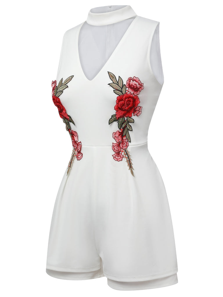 1950s Mock Neck Floral Embroidered Cutout Romper