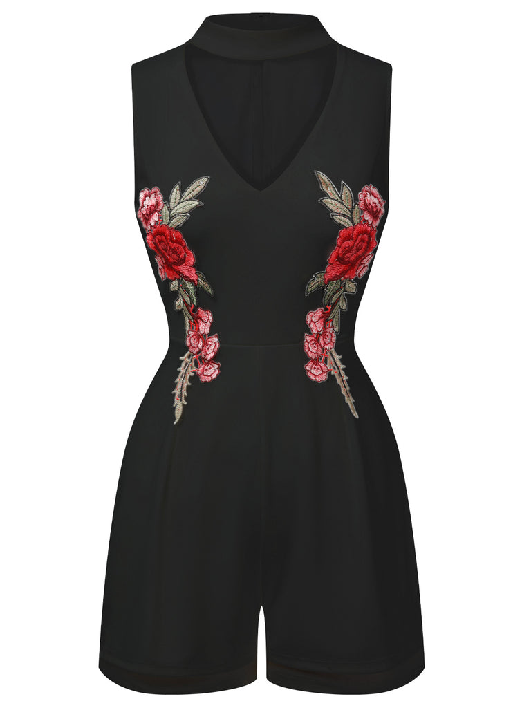 1950s Mock Neck Floral Embroidered Cutout Romper
