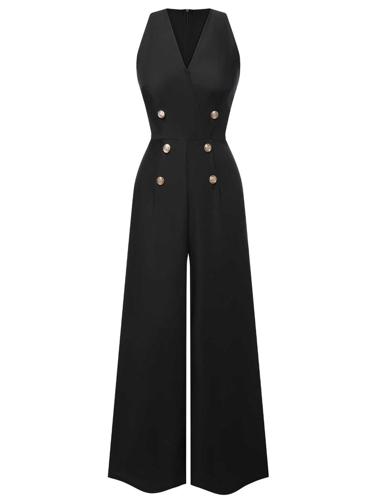 [Pre-Sale] Black 1950s Sleeveless Buttoned Solid Jumpsuit
