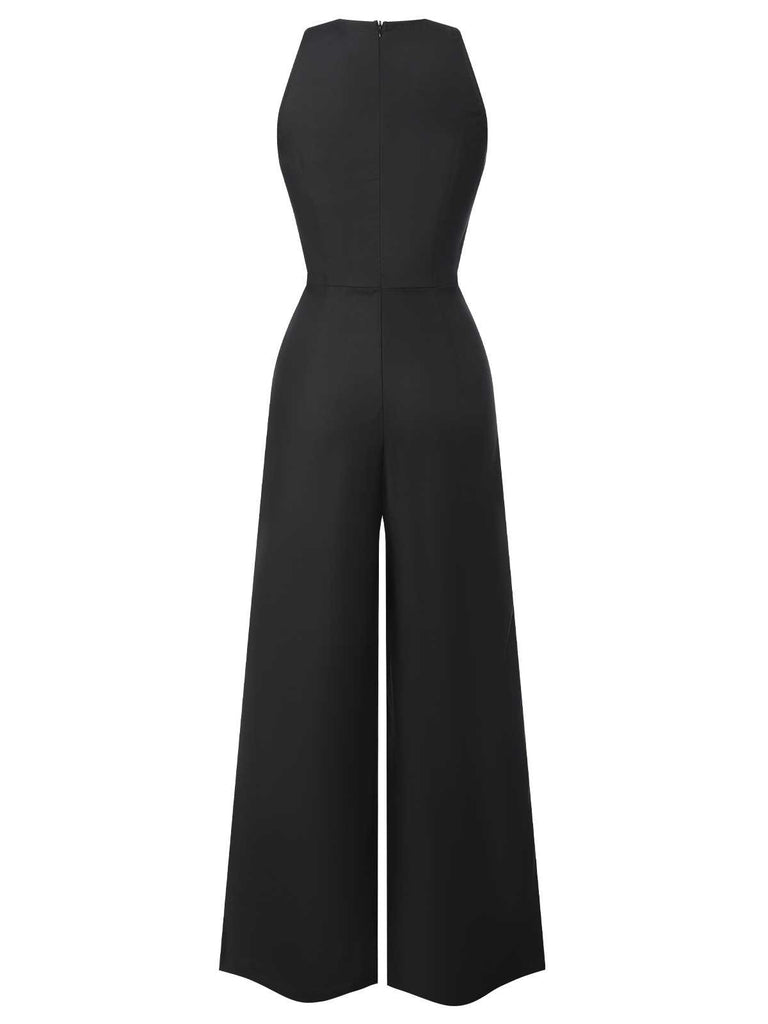 [Pre-Sale] Black 1950s Sleeveless Buttoned Solid Jumpsuit