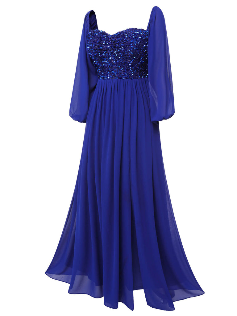 Royal Blue 1920s Sequined Sweetheart Neck Maxi Dress