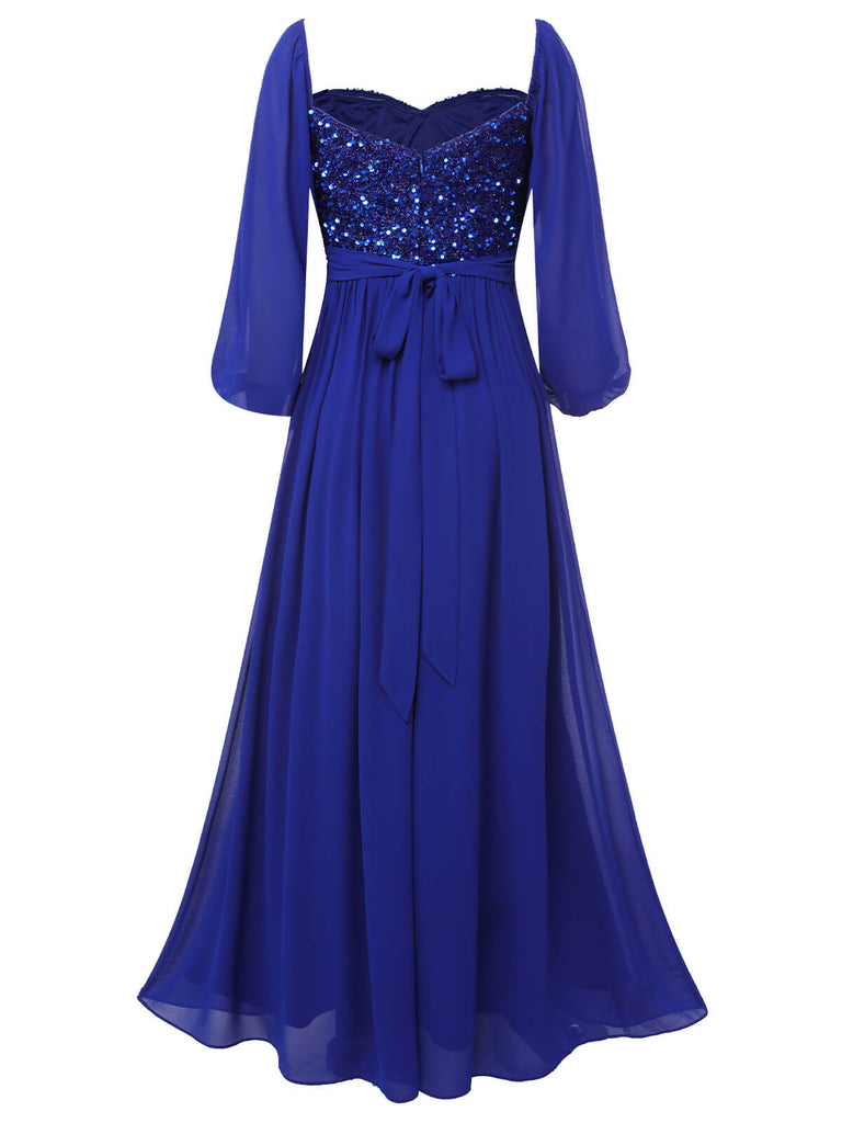 Royal Blue 1920s Sequined Sweetheart Neck Maxi Dress