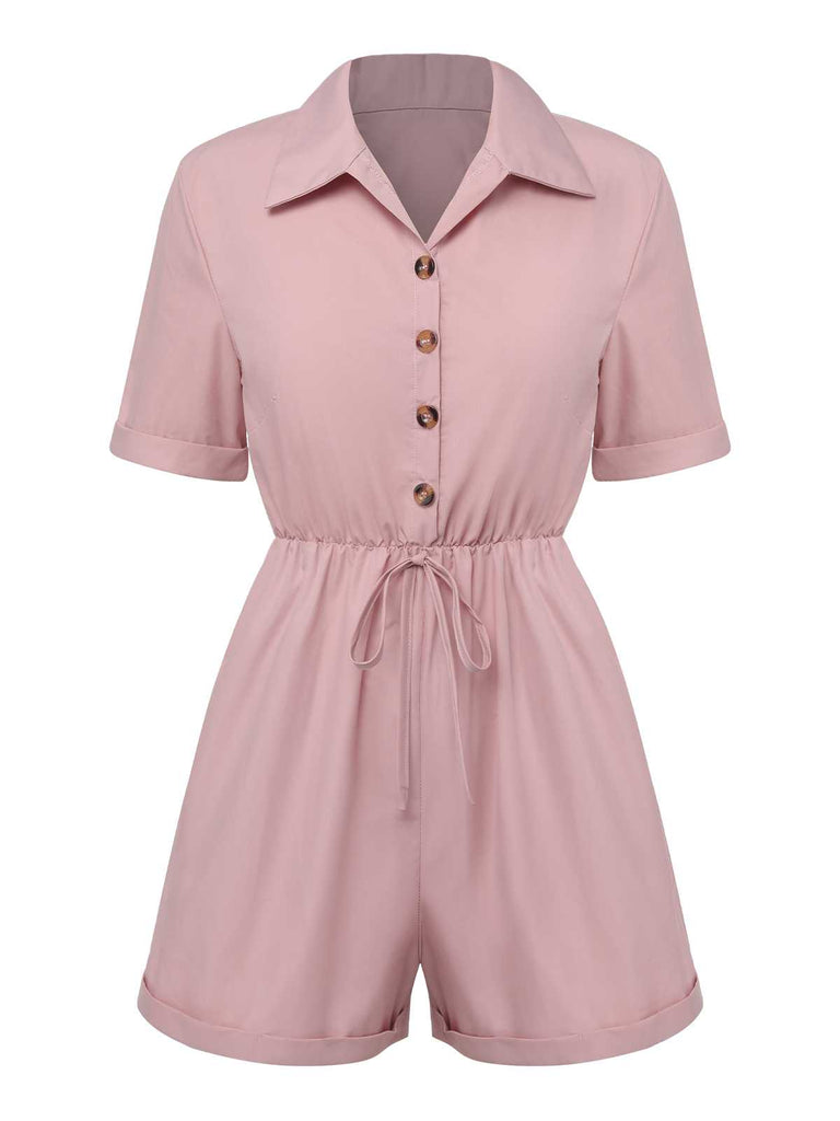 1950s Shirt Neck Lace-Up Solid Romper
