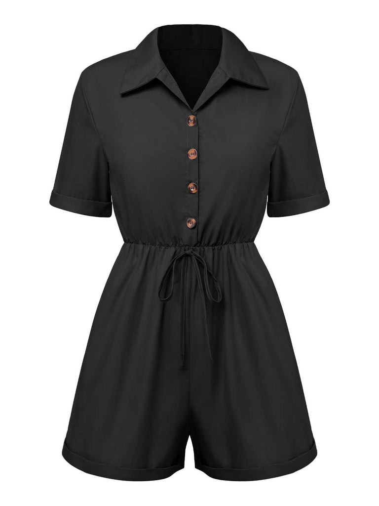 1950s Shirt Neck Lace-Up Solid Romper