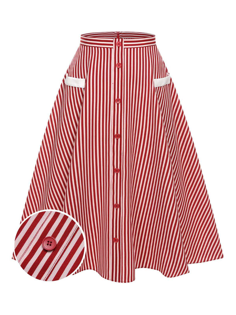 Red 1940s Buttoned Stripes Skirt