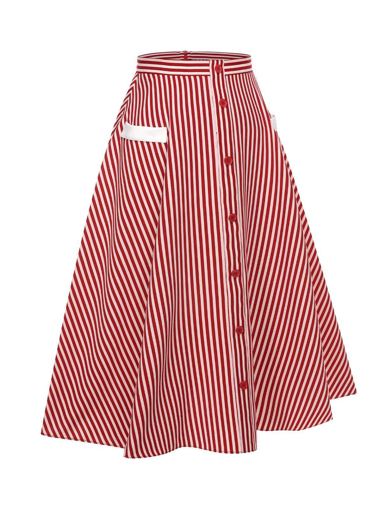 Red 1940s Buttoned Stripes Skirt