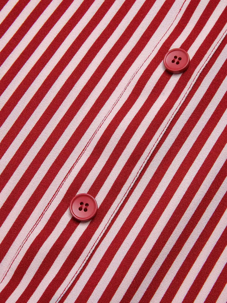 Red 1940s Buttoned Stripes Skirt