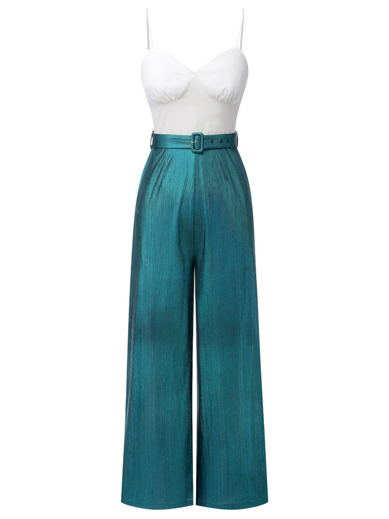 Blue 1930s Laser Flashing Spaghetti Strap Jumpsuit