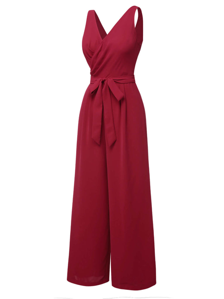 [Pre-Sale] Red 1930s Solid Wasit Tie V-Neck Jumpsuit