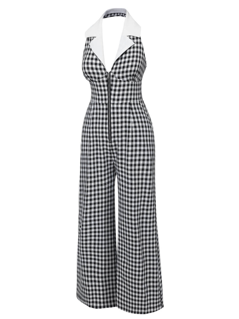 [Pre-Sale] Black White 1940s Plaid Lapel Halter Jumpsuit