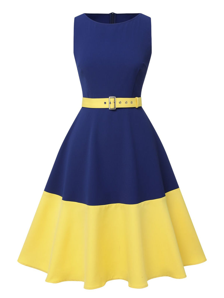 Dark Blue & Yellow 1950s Solid Boat Neck Dress