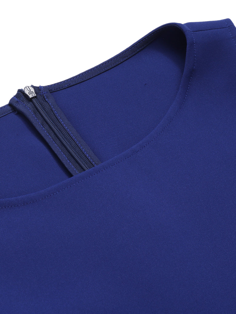 Dark Blue & Yellow 1950s Solid Boat Neck Dress