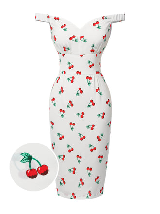 White 1960s Cherry Off-Shoulder Pencil Dress