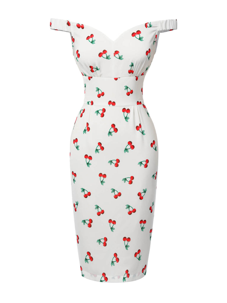 White 1960s Cherry Off-Shoulder Pencil Dress
