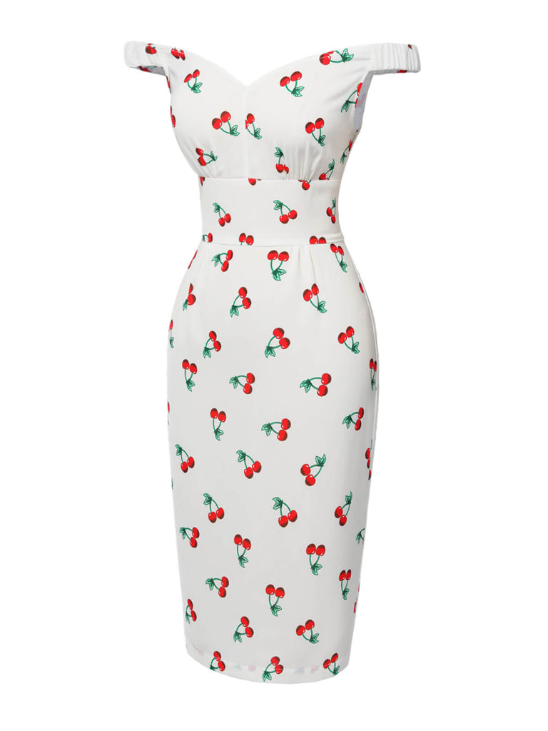 [Pre-Sale] White 1960s Cherry Off-Shoulder Pencil Dress