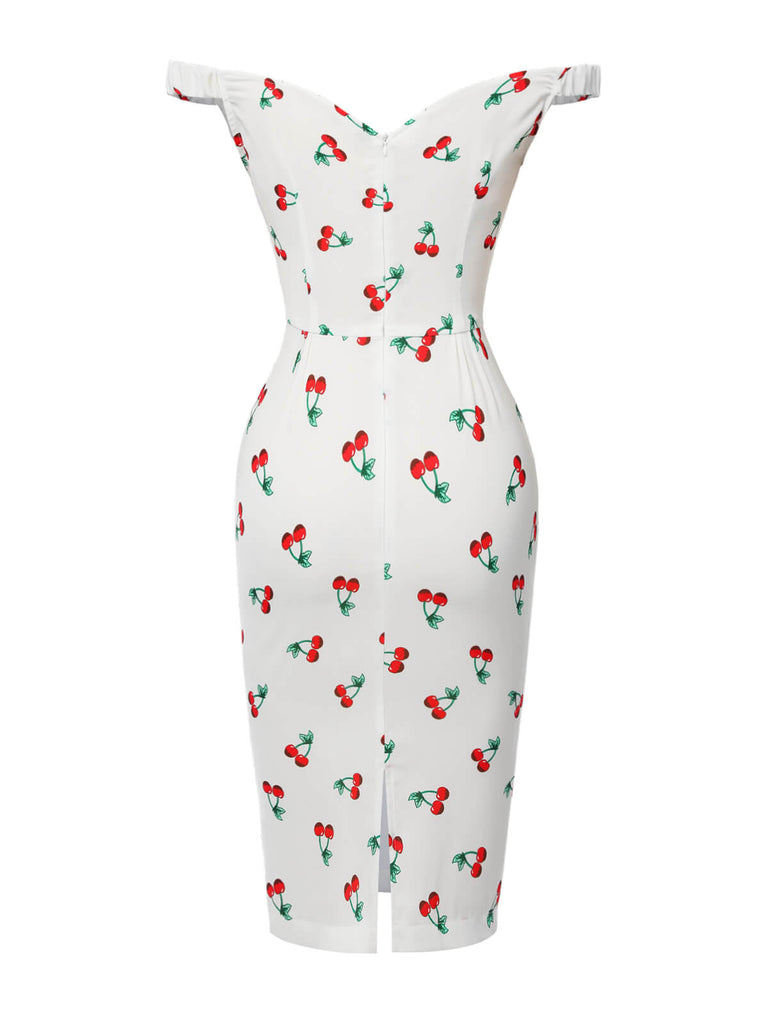 White 1960s Cherry Off-Shoulder Pencil Dress