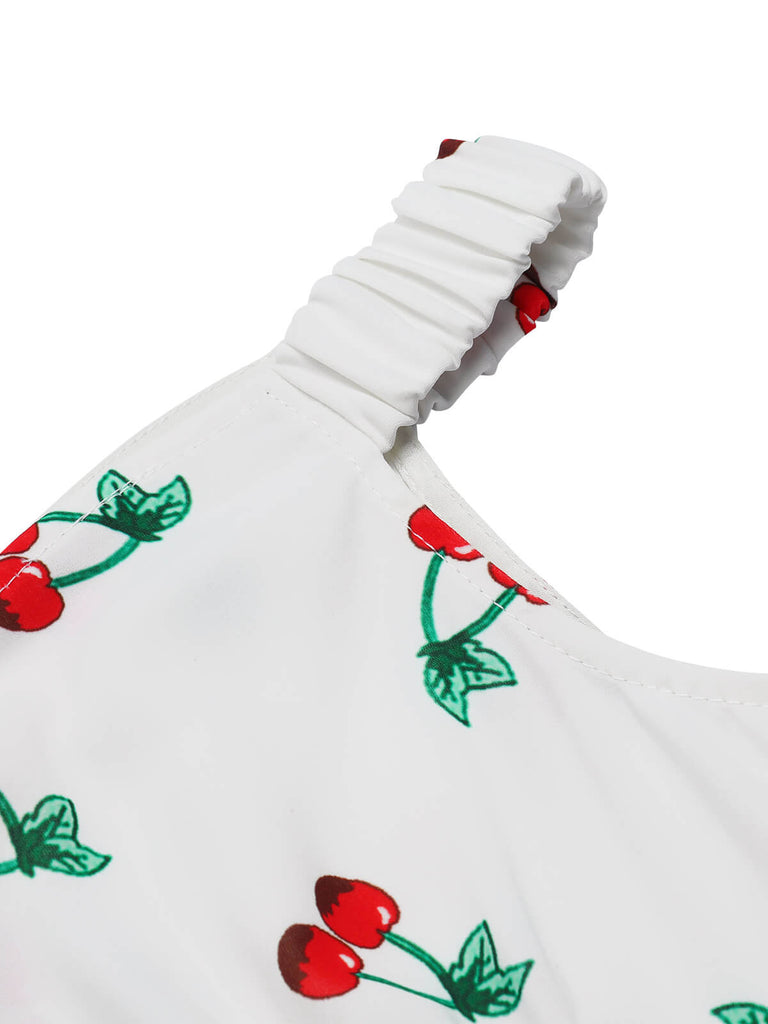 White 1960s Cherry Off-Shoulder Pencil Dress