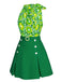 2PCS 1960s Tie Neck Floral Top & Button Solid Skirt