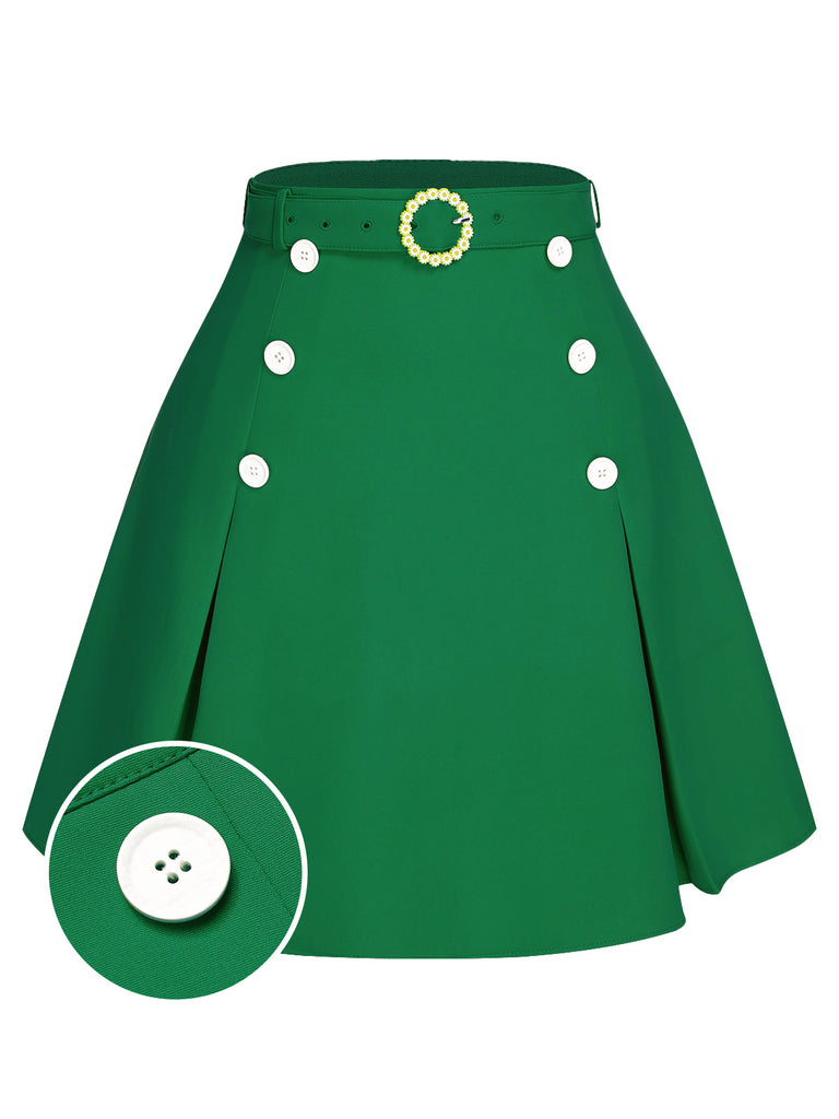 Green 1960s Button Solid Belted Skirt