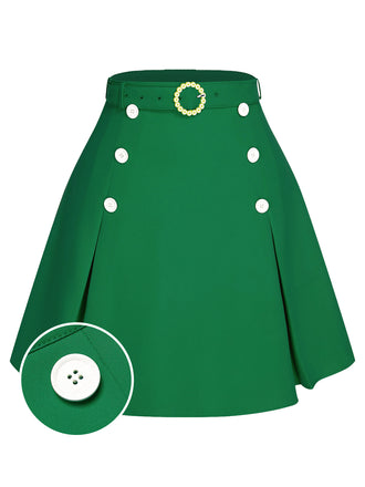 Green 1960s Button Solid Belted Skirt