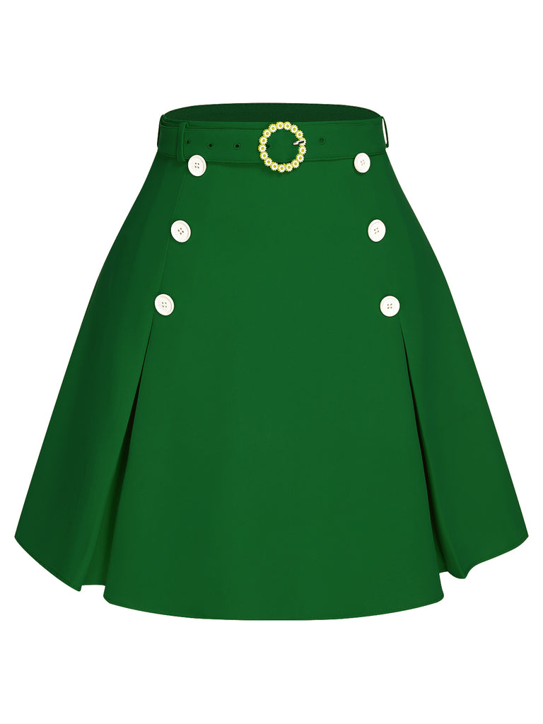 [Pre-Sale] Green 1960s Button Solid Belted Skirt
