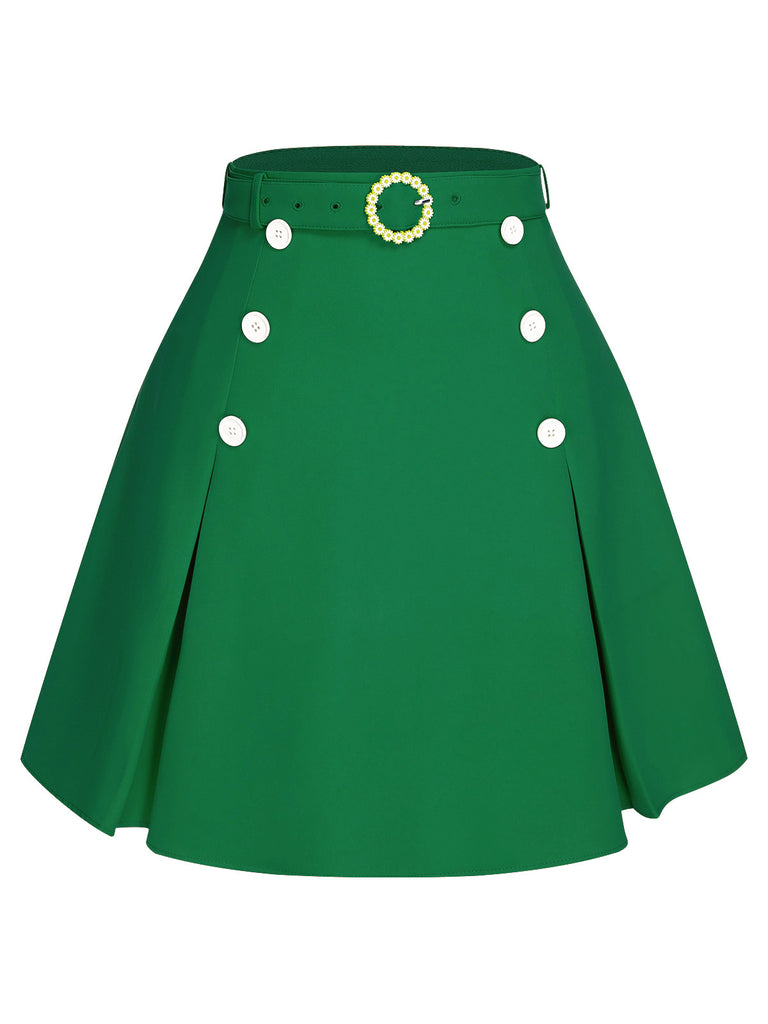 Green 1960s Button Solid Belted Skirt