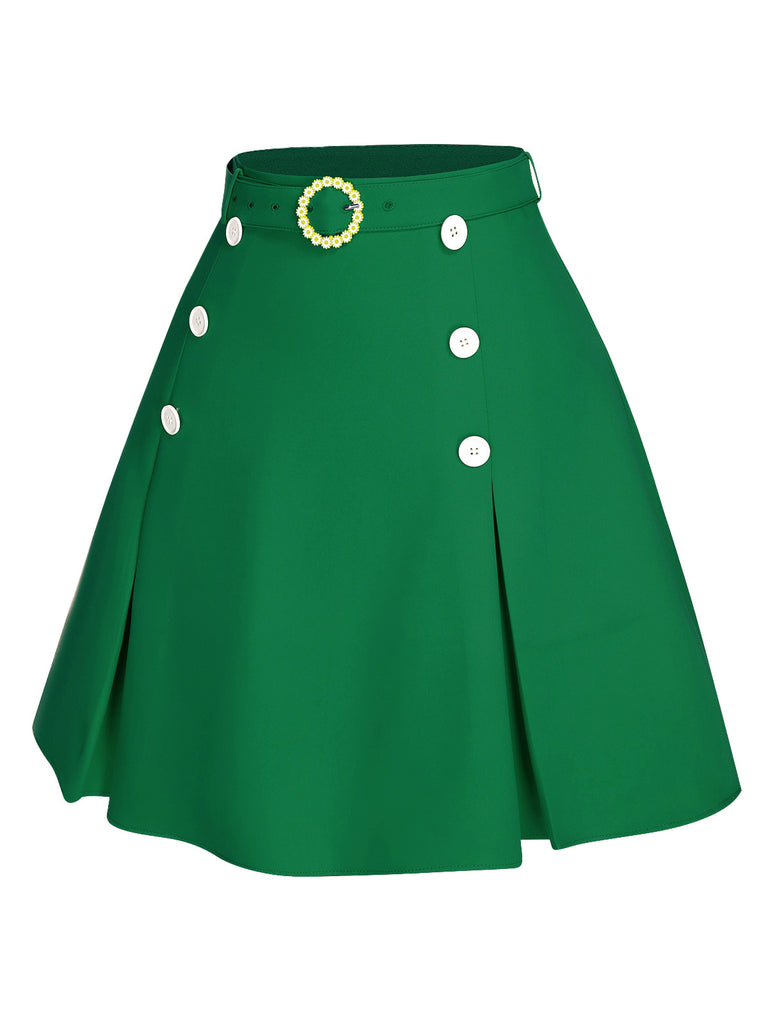 Green 1960s Button Solid Belted Skirt