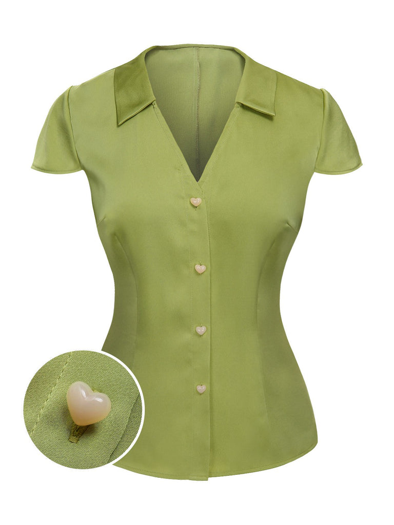 [Pre-Sale] Green 1940s Satin V-Neck Buttons Shirt