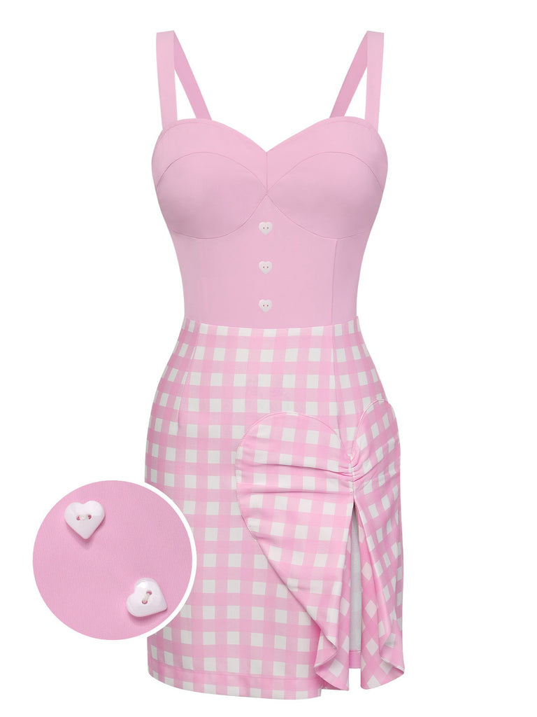 [Pre-Sale] Pink 1960s Plaid Love Slit Strap Dress