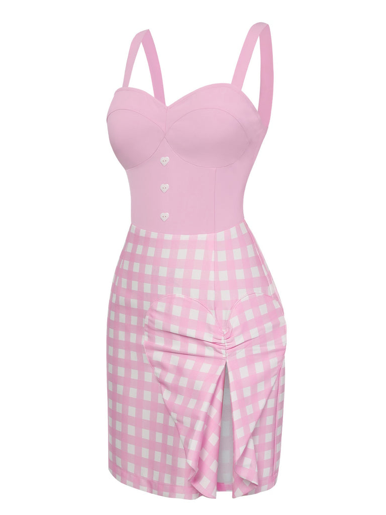 Pink 1960s Plaid Heart Slit Strap Dress