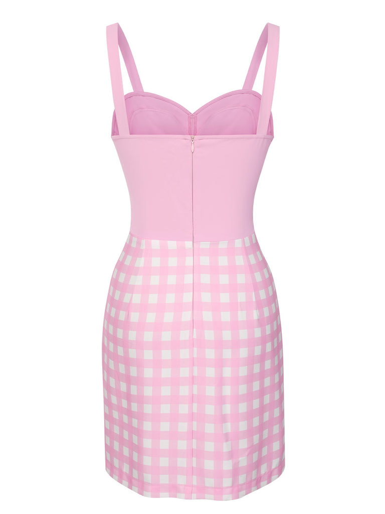 [Pre-Sale] Pink 1960s Plaid Love Slit Strap Dress