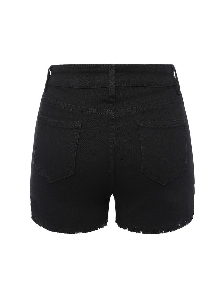 Black 1960s Solid Button Denim Shorts