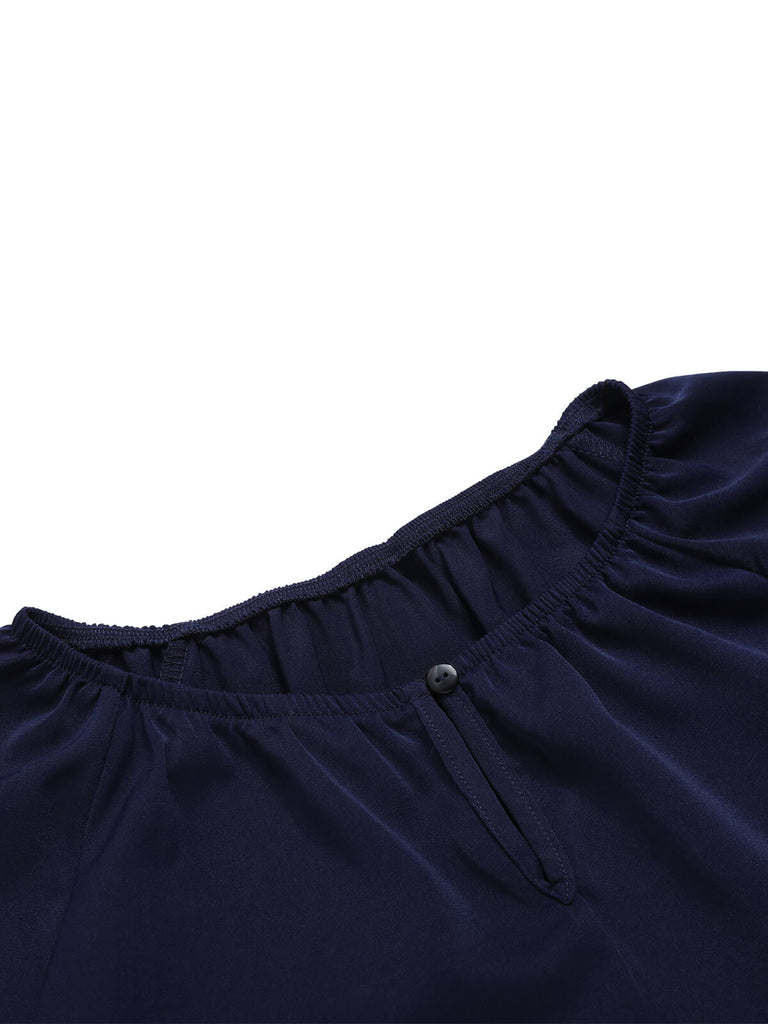 Deep Blue 1960s Flare Sleeved Ruffle Blouse