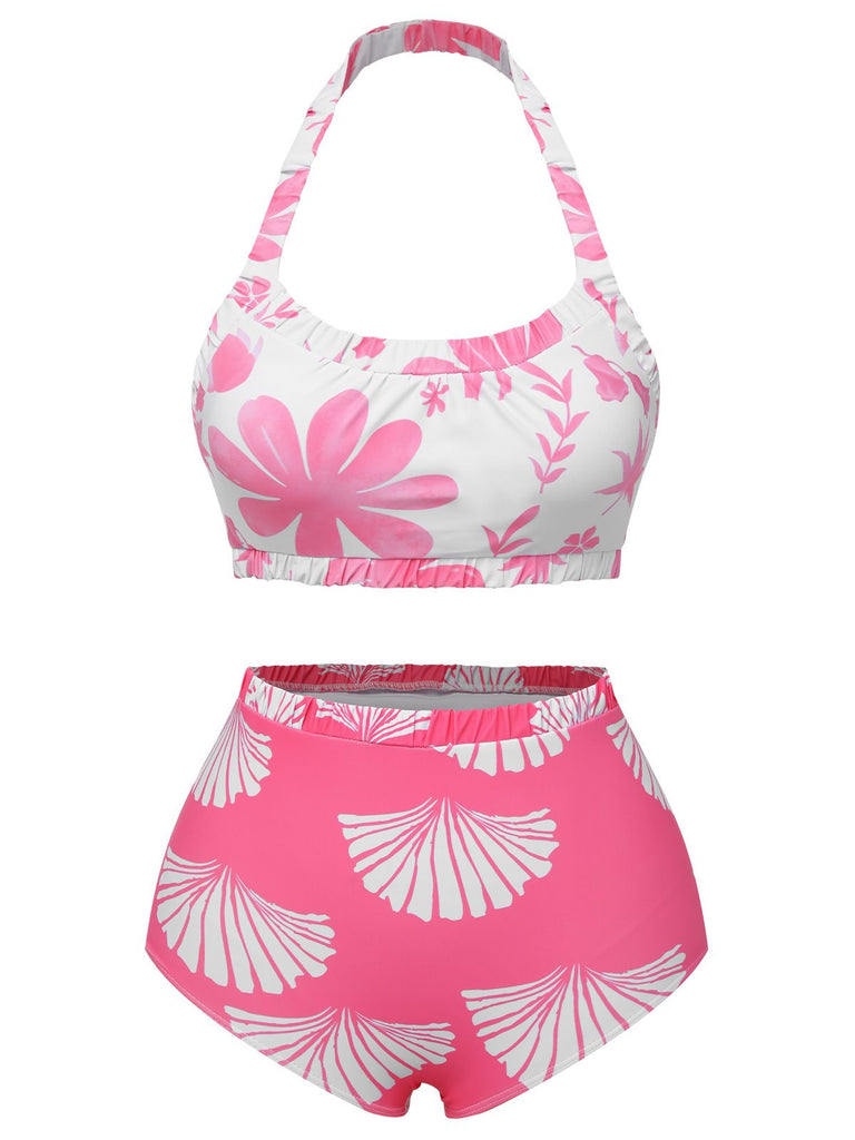 Pink 1930s Floral Elastic Gathers Halter Swimsuit