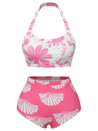Pink 1930s Floral Elastic Gathers Halter Swimsuit
