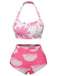 Pink 1930s Floral Elastic Gathers Halter Swimsuit