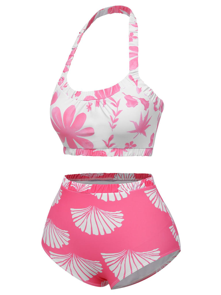 Pink 1930s Floral Elastic Gathers Halter Swimsuit