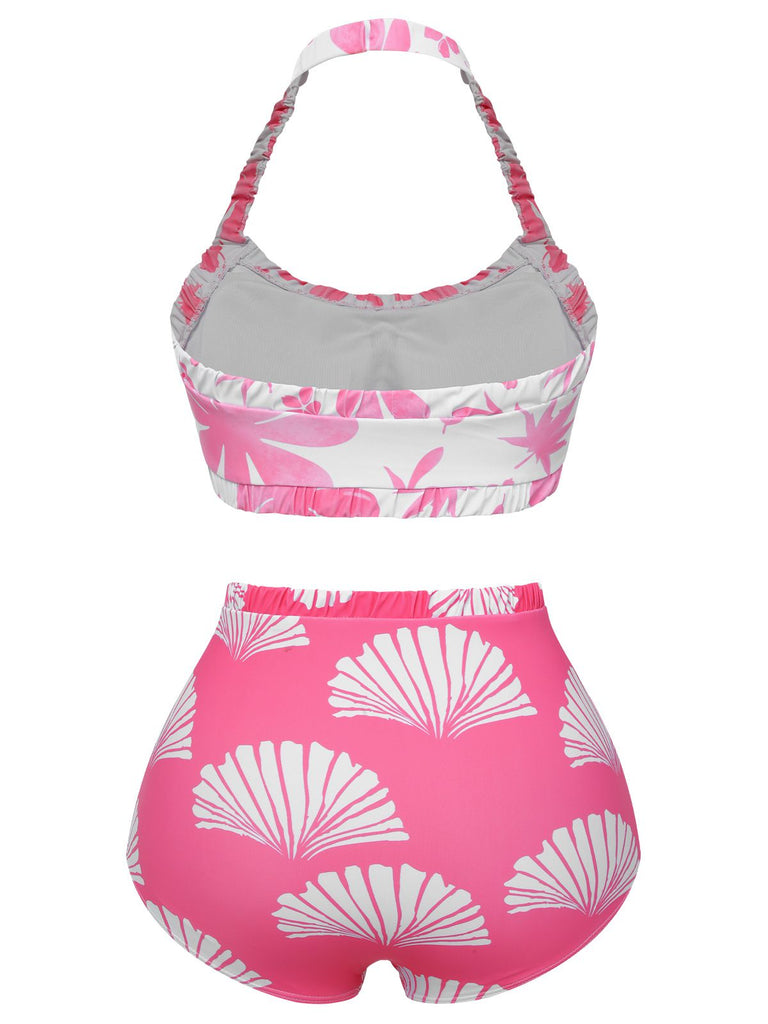 Pink 1930s Floral Elastic Gathers Halter Swimsuit