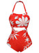 Red 1930s Halter Floral One-Piece Swimsuit