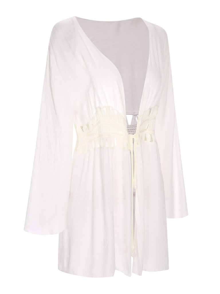 White 1960s Solid Hollow Waist Cover Up