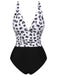 Black 1930s Leopard Patchwork V-Neck Swimsuit