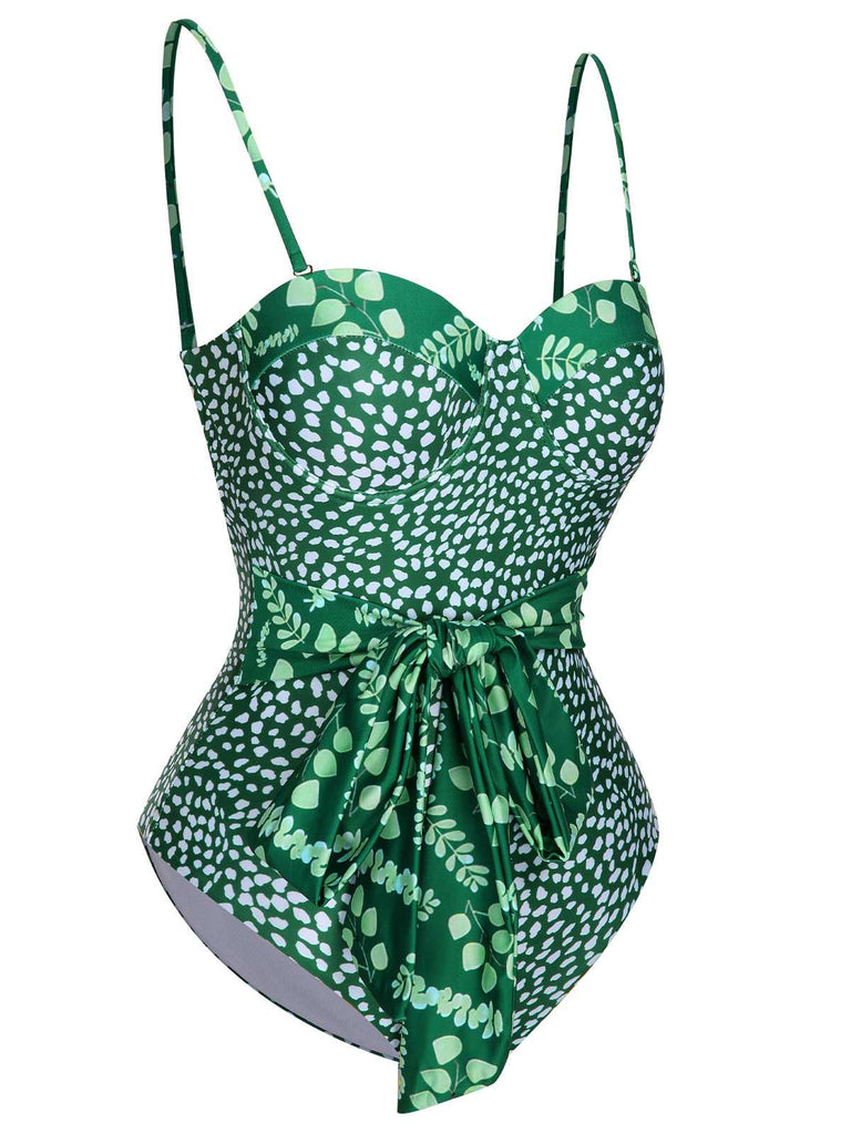 1930s Spaghetti Strap Polka Dots Belted Swimsuit